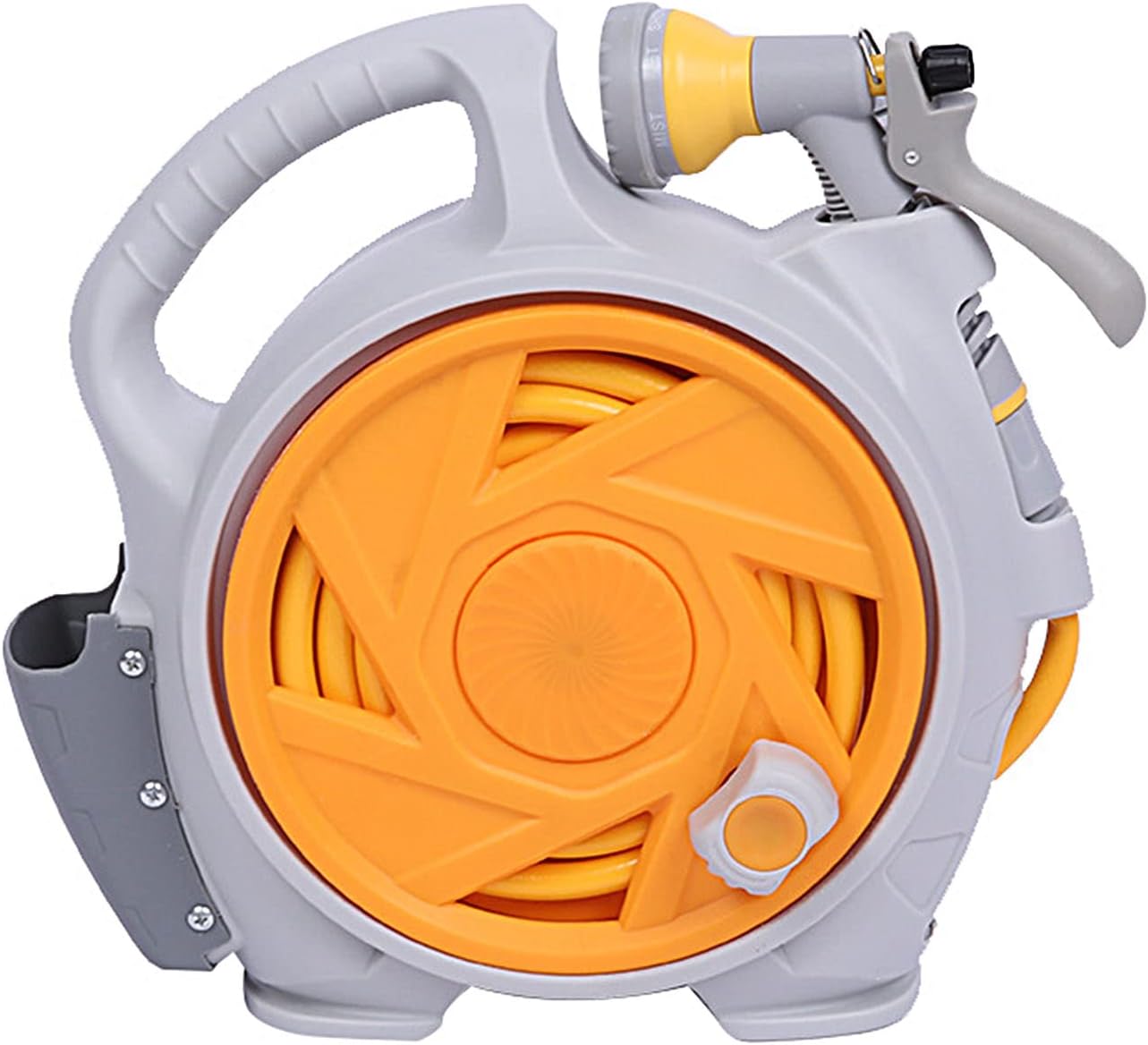 Porta Manguera + Manguera 14Mts Conectores Bighouse Portamanguera Plastico 14Mt Conectores Amarillo Bighouse