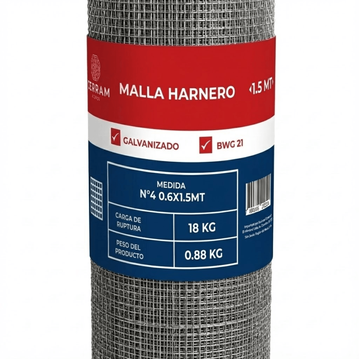 Malla Harnero Rollo 0.6X1.5Mt Cerram Malla Harnero N° 4 Rollo 0.6X1.5Mt Cerram