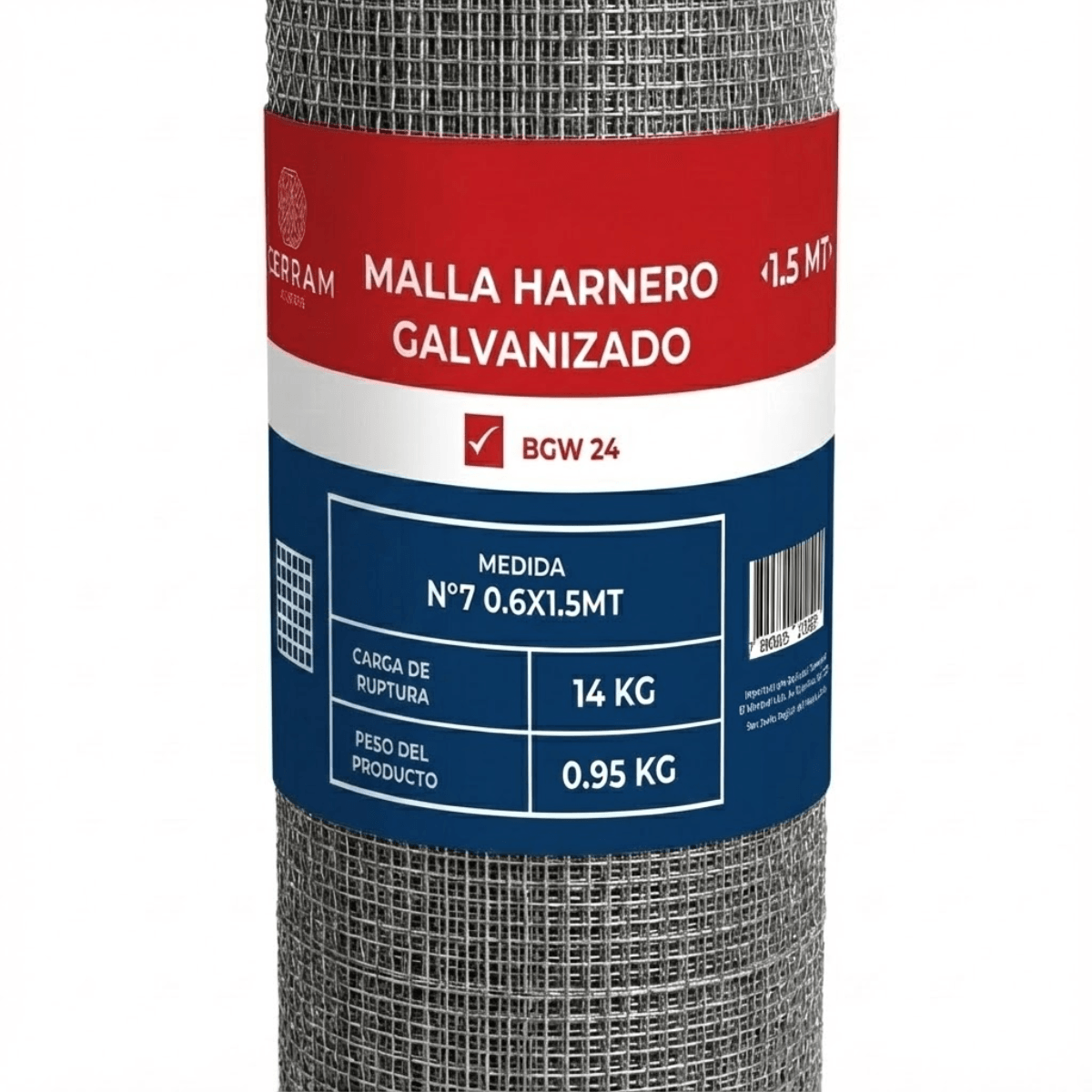 Malla Harnero Rollo 0.6X1.5Mt Cerram Malla Harnero N° 7 Rollo 0.6X1.5Mt Cerram